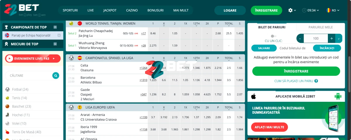 22Bet Pariuri Sportive